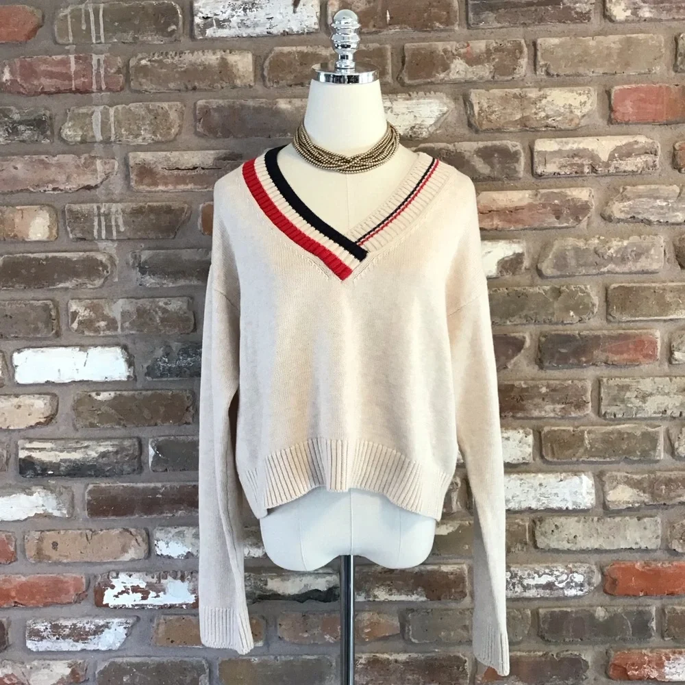 Tommy Hilfiger TOMMY JEANS Beige V-Neck Sweater Red & Black Striped Neckline M